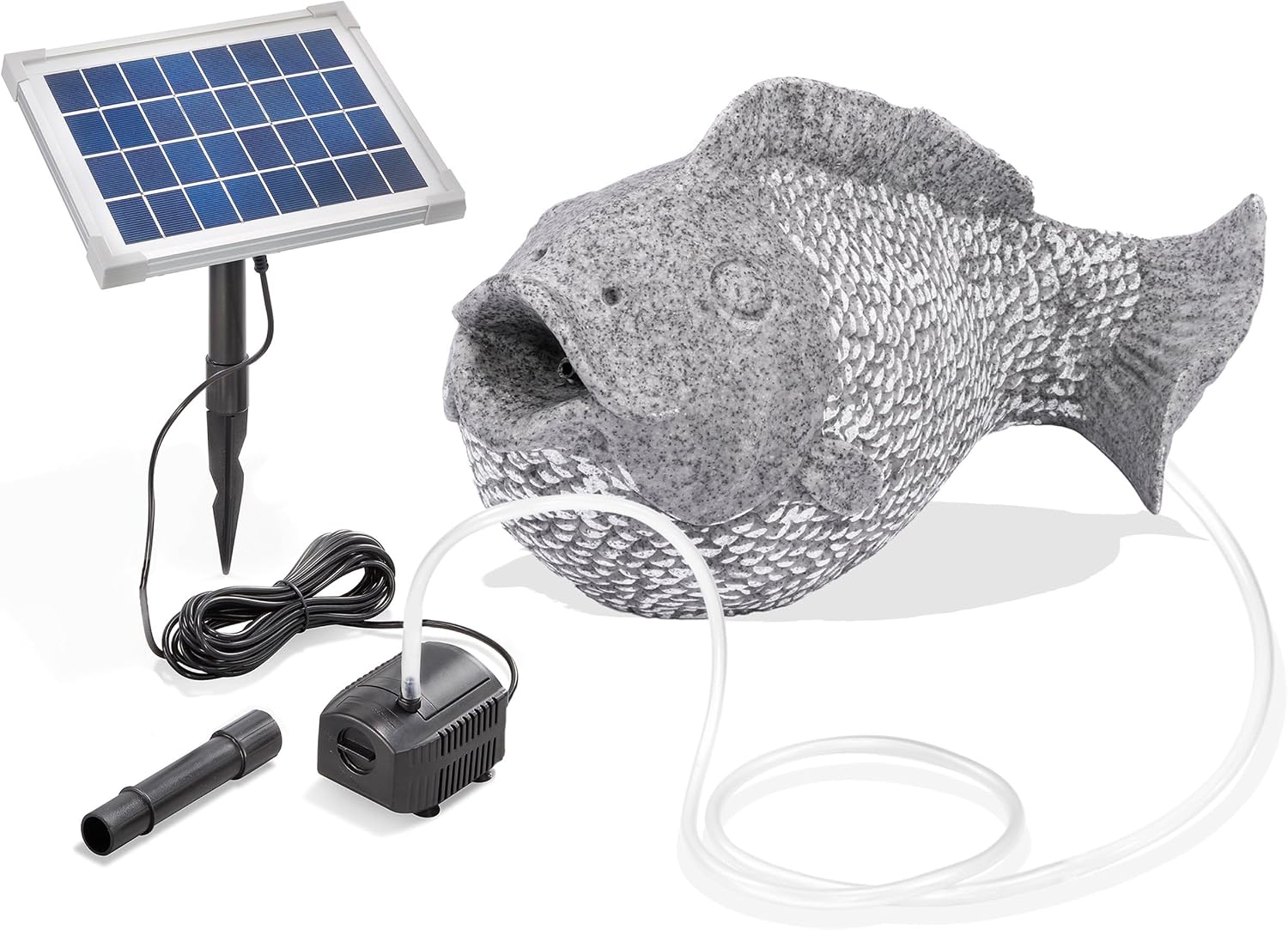 Esotec Solar Wasserspeier Komplettset, Fisch im Natursteindesign, Wasserspiel für Gartenteich, Vogeltränke, Vogelbad, Gartenbrunnen mit Solarpumpe 101665