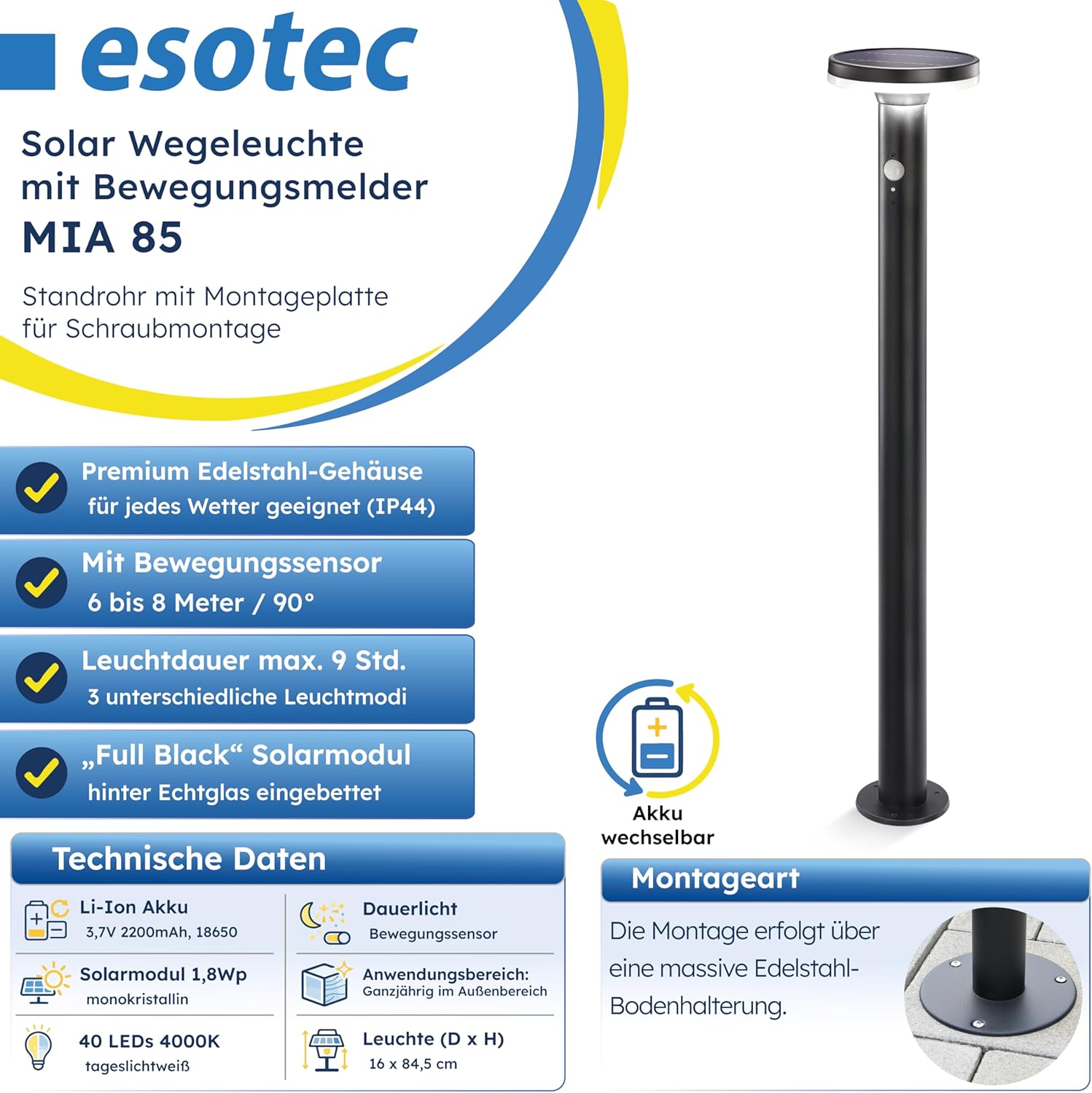 esotec Solar Wegeleuchte Mia 85 cm, Solarleuchte mit Bewegungsmelder, 600 lm, Solar Pollerleuchte mit 3 Leuchtmodi, IP44, 102593 — Ansicht 2