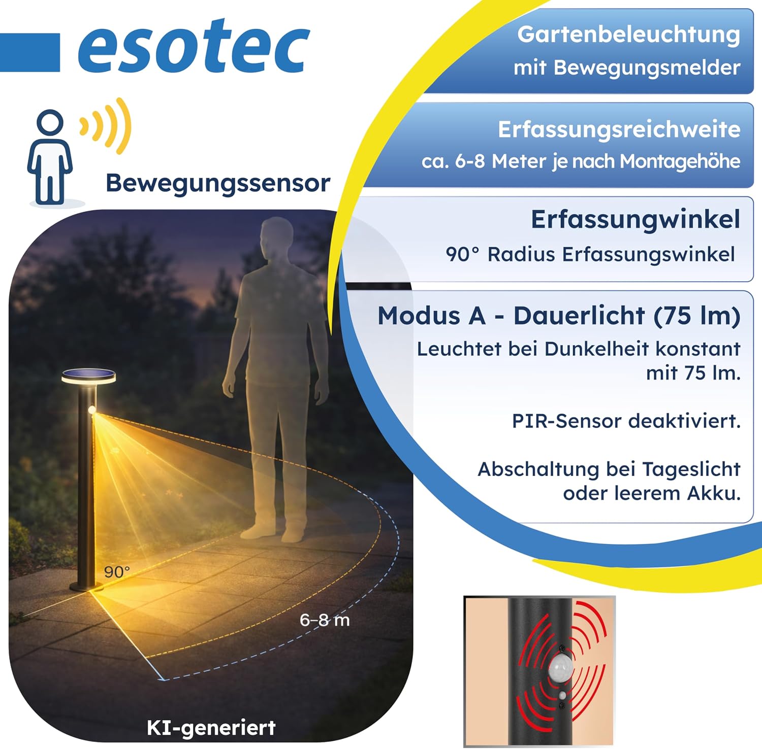 esotec Solar Wegeleuchte Mia 85 cm, Solarleuchte mit Bewegungsmelder, 600 lm, Solar Pollerleuchte mit 3 Leuchtmodi, IP44, 102593 — Ansicht 5