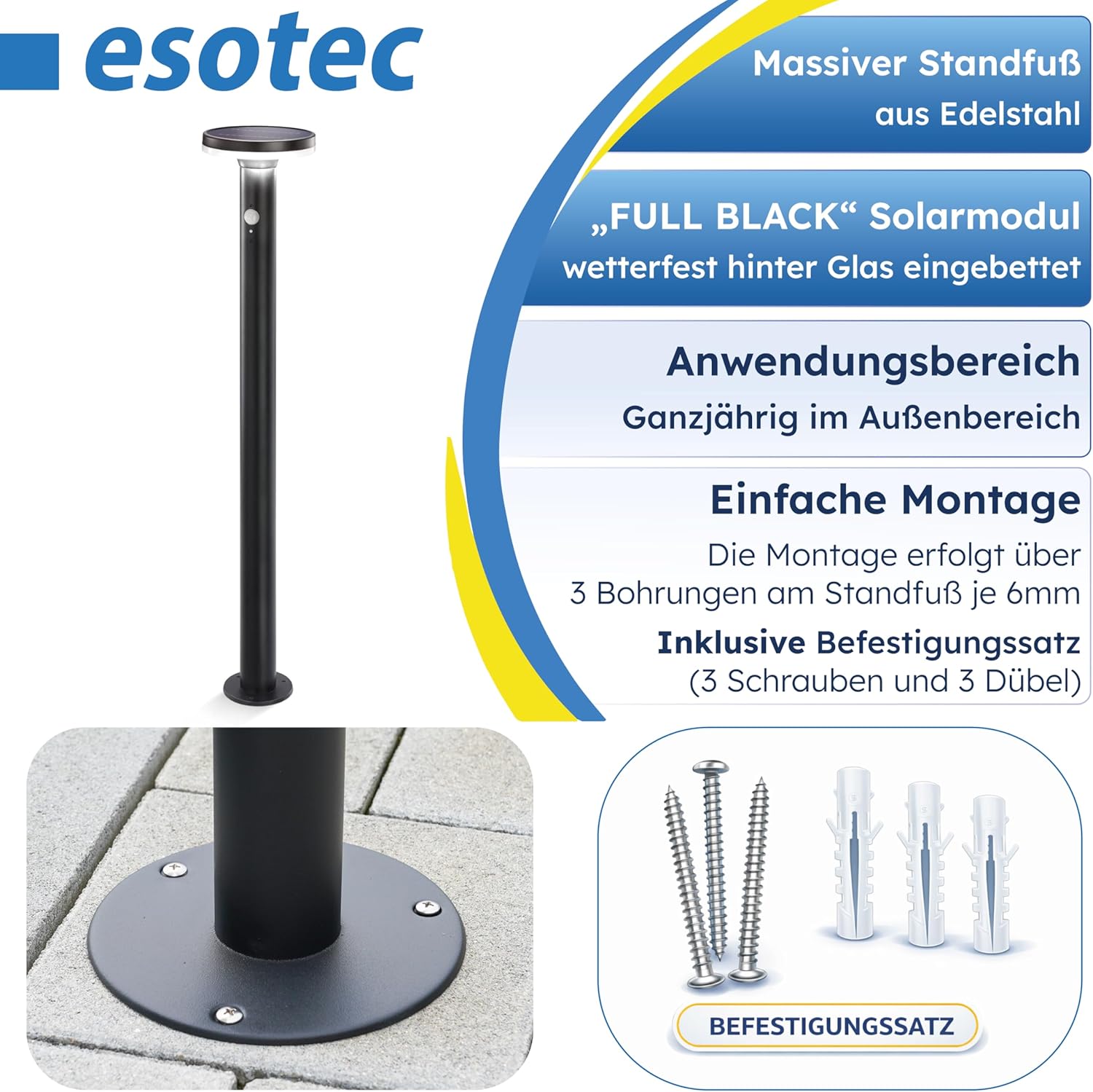 esotec Solar Wegeleuchte Mia 85 cm, Solarleuchte mit Bewegungsmelder, 600 lm, Solar Pollerleuchte mit 3 Leuchtmodi, IP44, 102593 — Ansicht 6