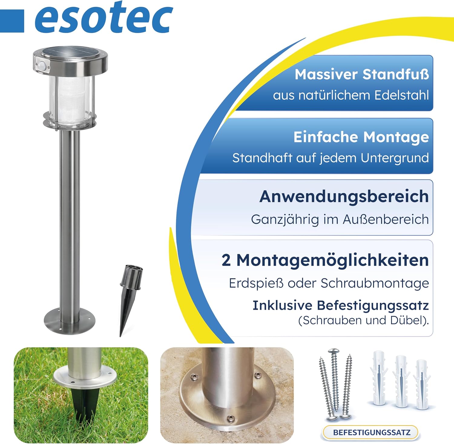 esotec Solar Wegeleuchte mit Bewegungsmelder Ancona, Gartenlampe Standleuchte für außen, DuoColor warmweiß kaltweiß, Edelstahl, H=71cm, IP44, 102534 — Ansicht 5