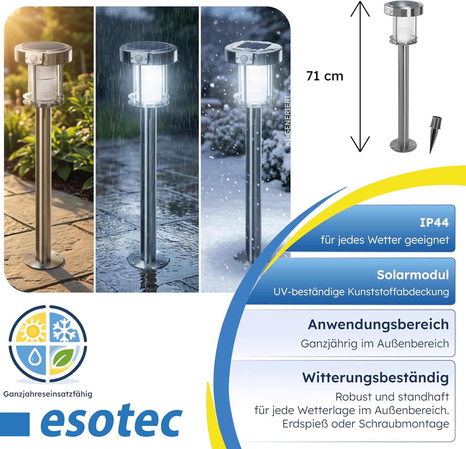 esotec Solar Wegeleuchte mit Bewegungsmelder Ancona, Gartenlampe Standleuchte für außen, DuoColor warmweiß kaltweiß, Edelstahl, H=71cm, IP44, 102534 — Ansicht 6