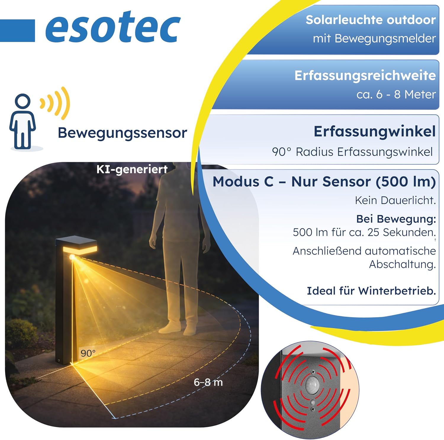 esotec Solar Wegeleuchte mit Bewegungsmelder Nala, H=70cm Außenleuchte, warmweiß 3000K, wechselbarer LiFePO4 Akku 102932 — Ansicht 3