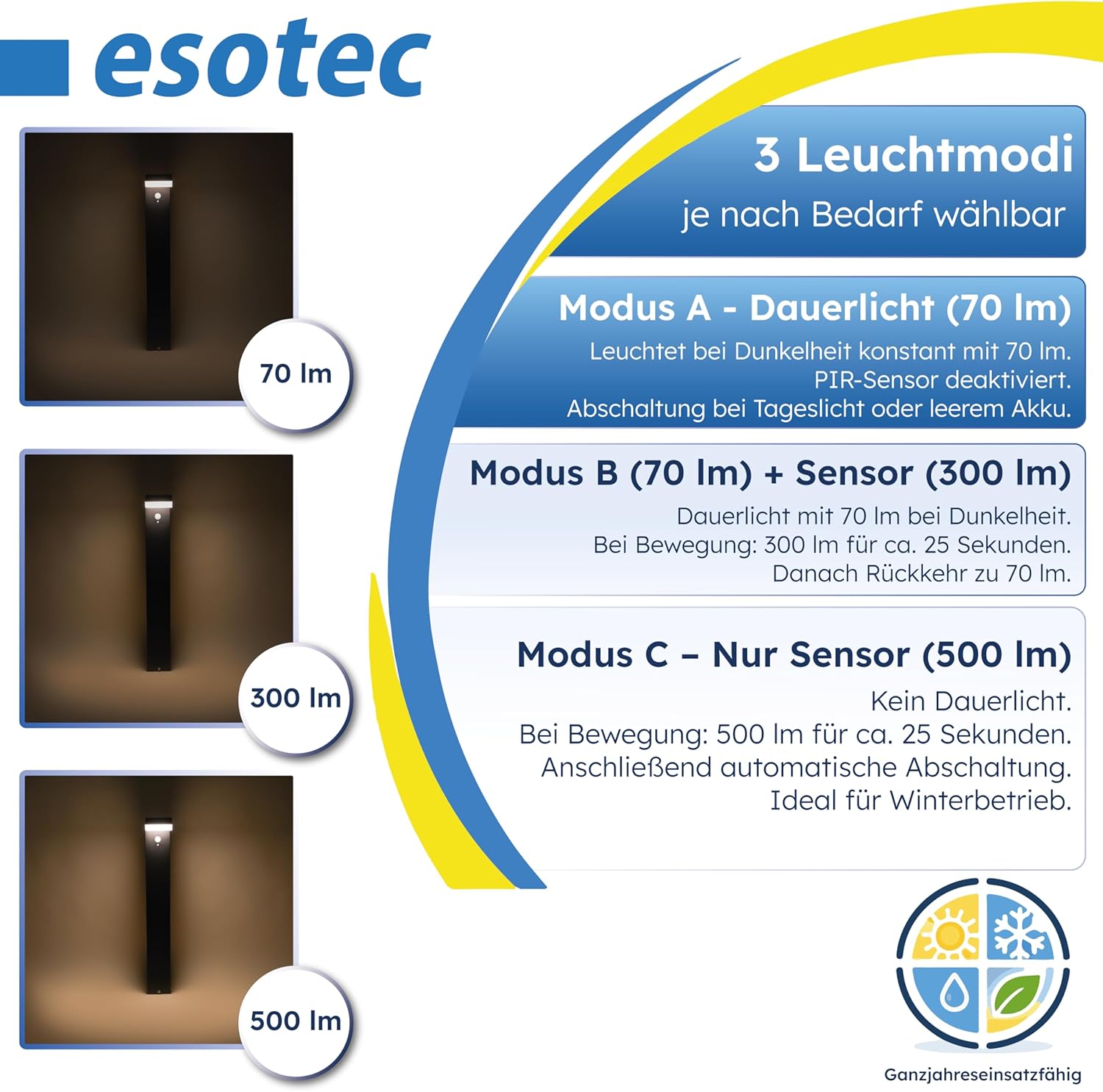 esotec Solar Wegeleuchte mit Bewegungsmelder Nala, H=70cm Außenleuchte, warmweiß 3000K, wechselbarer LiFePO4 Akku 102932 — Ansicht 4
