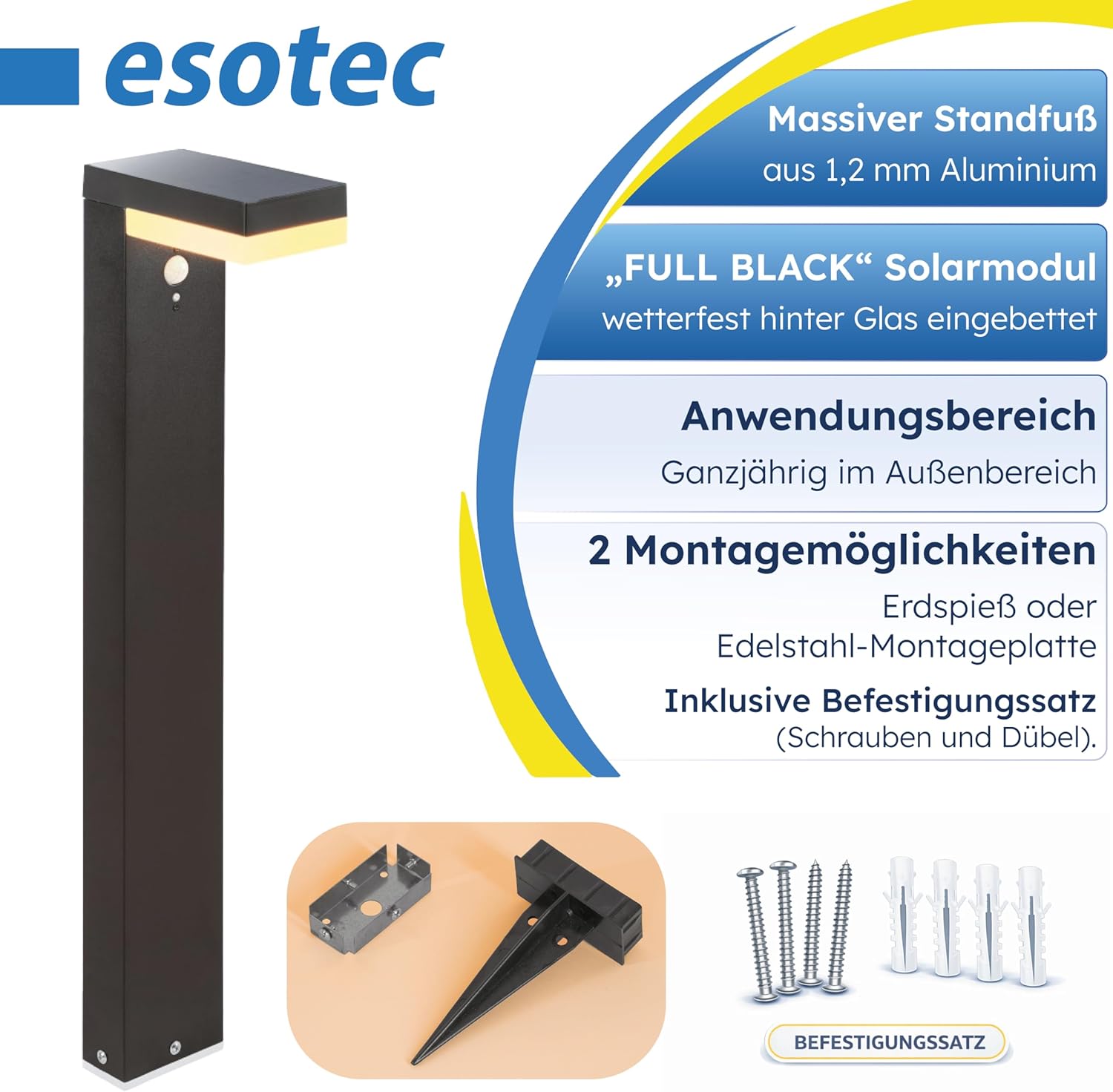 esotec Solar Wegeleuchte mit Bewegungsmelder Nala, H=70cm Außenleuchte, warmweiß 3000K, wechselbarer LiFePO4 Akku 102932 — Ansicht 5