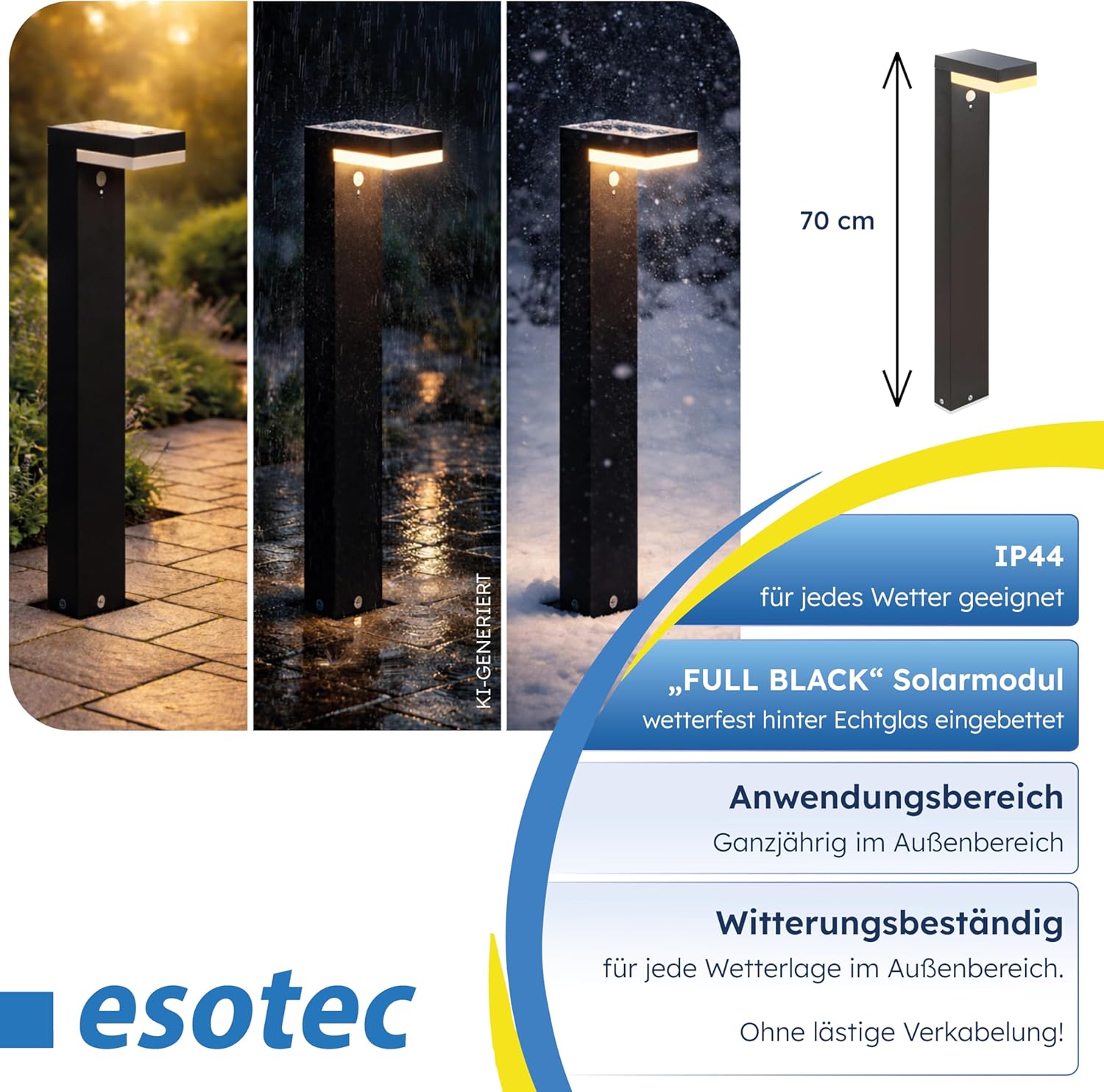 esotec Solar Wegeleuchte mit Bewegungsmelder Nala, H=70cm Außenleuchte, warmweiß 3000K, wechselbarer LiFePO4 Akku 102932 — Ansicht 6