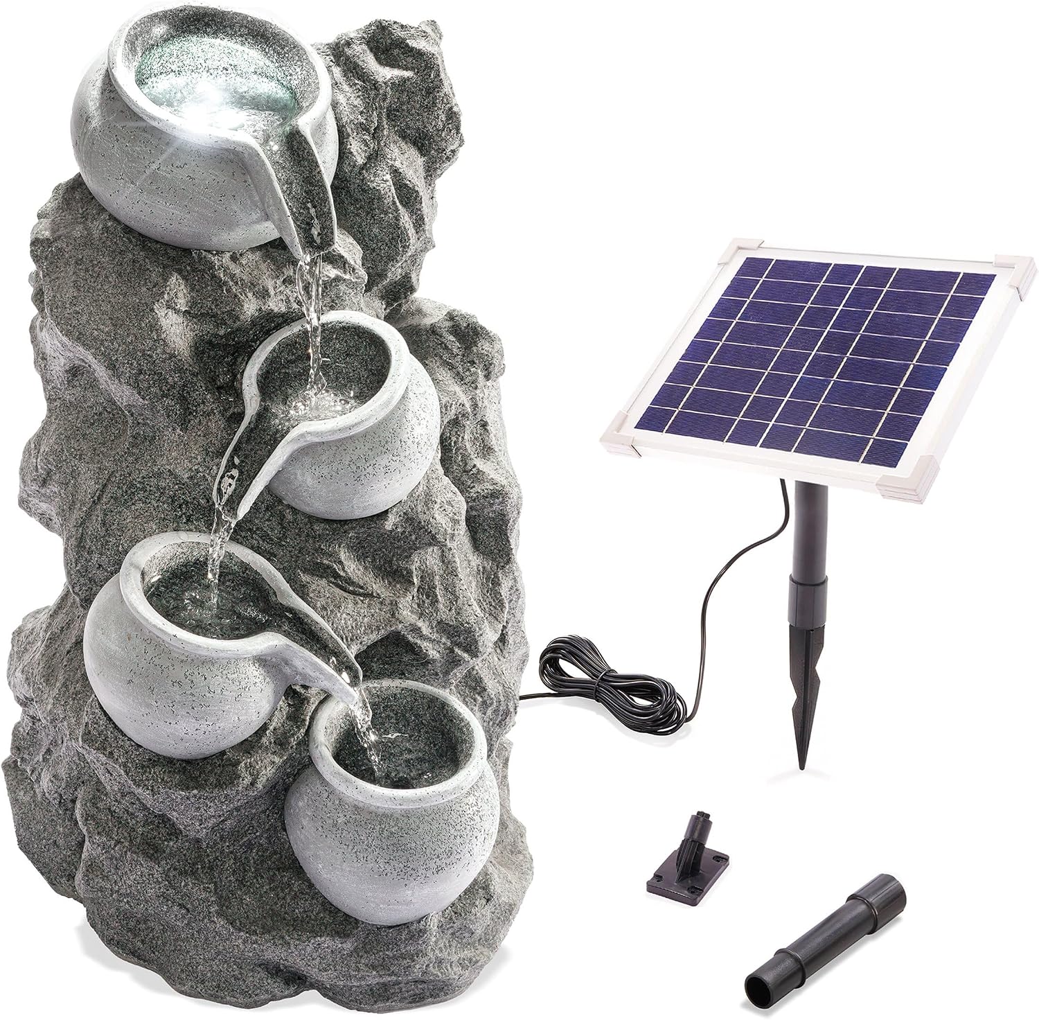 esotec Solarbrunnen mit Akku & LED, H=48cm, Felsen Kaskadenbrunnen Gartenbrunnen Wasserspiel für Garten Terrasse Balkon, granitfarben, 101322