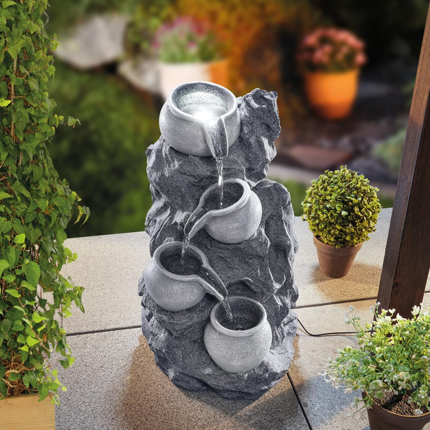 esotec Solarbrunnen mit Akku & LED, H=48cm, Felsen Kaskadenbrunnen Gartenbrunnen Wasserspiel für Garten Terrasse Balkon, granitfarben, 101322 — Ansicht 2