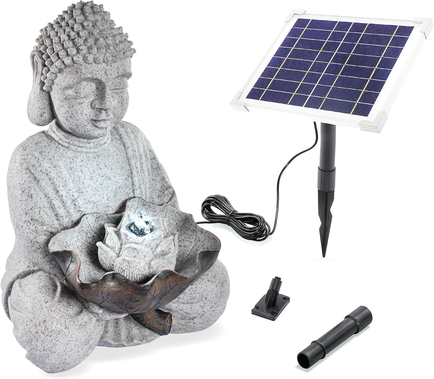 esotec Solarbrunnen Wasserspiel Buddha, Akku + LED + Pumpe, H=43cm, freistehender Springbrunnen, Gartenbrunnen, Vogeltränke, Zierbrunnen, grau 101327 — Ansicht 3