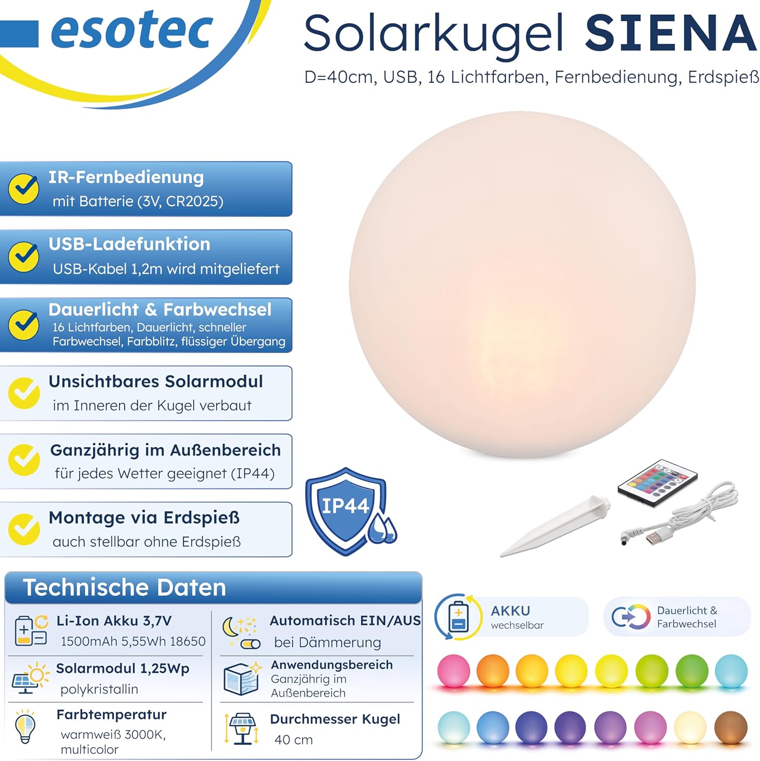 Esotec Solarkugel für den Garten Siena 40, multicolor, 40cm, Fernbedienung, USB, 16 Leuchtfarben, Akku, Solarmodul, Erdspieß, Solarleuchte, Kugelleuchte, außen, winterfest, wetterfest, 102892 — Ansicht 3