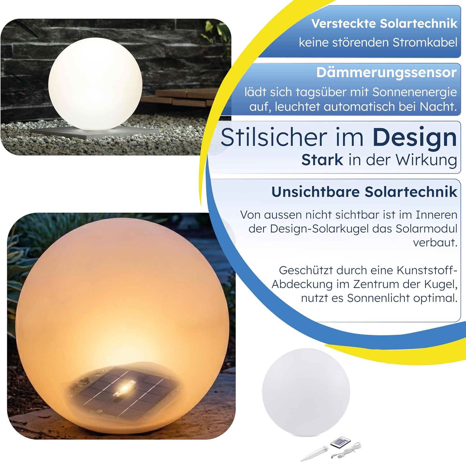 Esotec Solarkugel für den Garten Siena 40, multicolor, 40cm, Fernbedienung, USB, 16 Leuchtfarben, Akku, Solarmodul, Erdspieß, Solarleuchte, Kugelleuchte, außen, winterfest, wetterfest, 102892 — Ansicht 5