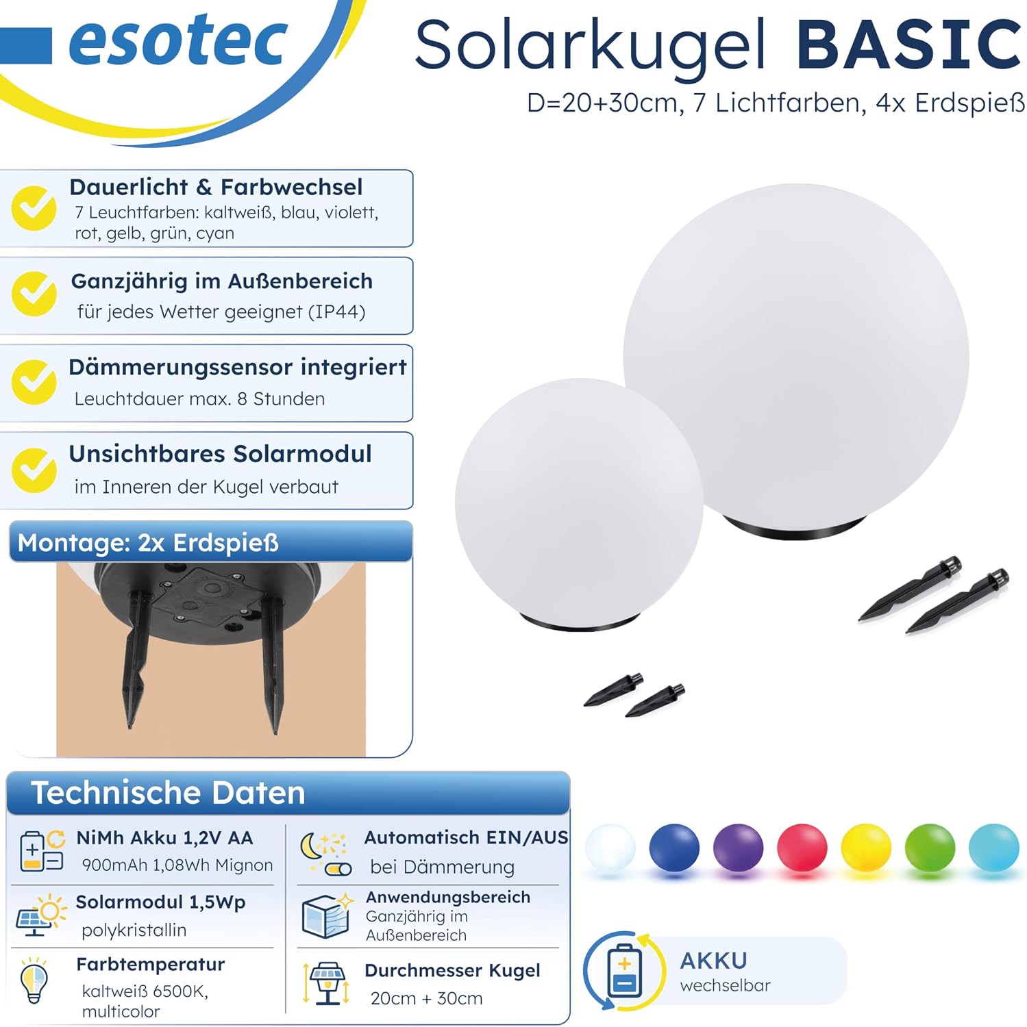 Esotec Solarkugeln Basic, multicolor, 2er Set, 7 Leuchtfarben, Farbwechsel, 20+30cm, Akku, Solarmodul, Leuchtkugelset, LED Gartenkugeln, Solarlampen für außen, winterfest, wetterfest, 102613 — Ansicht 3