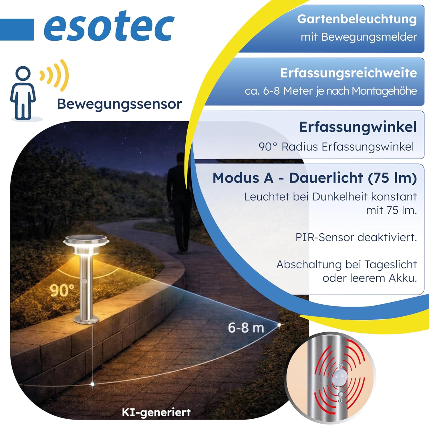 esotec Solarlampen für außen Solarleuchte Tini mit Bewegungsmelder, Gartenbeleuchtung Edelstahl H=45,5cm, 3 Betriebsmodi, 600lm, 102596 — Ansicht 4