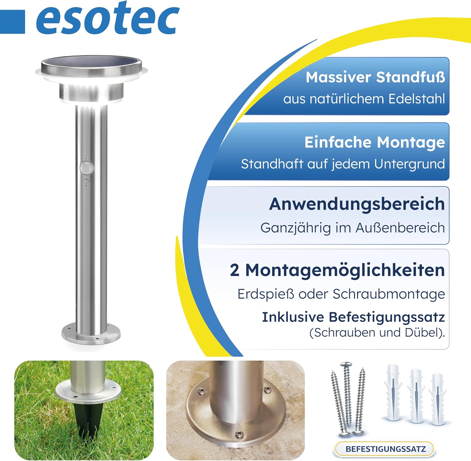 esotec Solarlampen für außen Solarleuchte Tini mit Bewegungsmelder, Gartenbeleuchtung Edelstahl H=45,5cm, 3 Betriebsmodi, 600lm, 102596 — Ansicht 5
