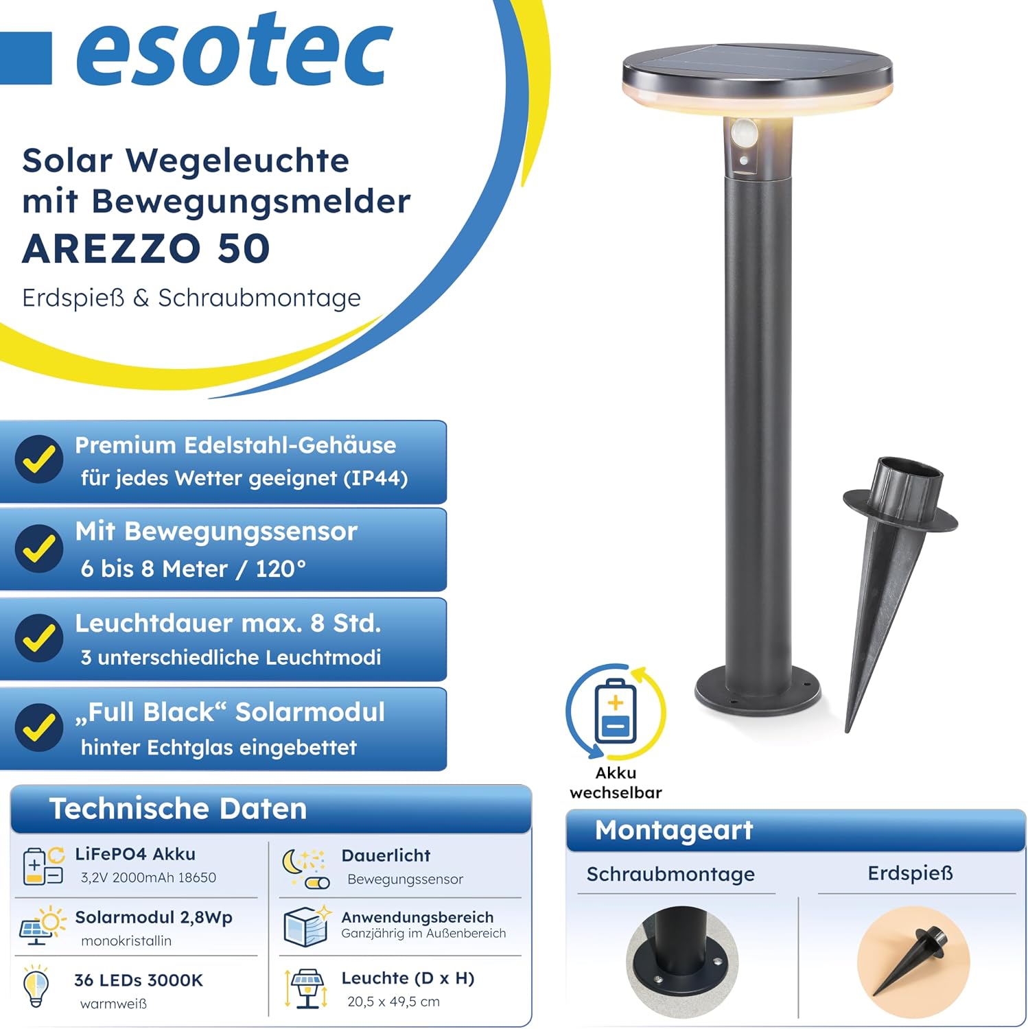 esotec Solarlampen für Außen Wegeleuchte Arezzo 50 cm, Solarleuchte mit Bewegungsmelder, 3 Leuchtmodi, 600 lm, Edelstahl Solar Gartenleuchte warmweiß IP44 102742 — Ansicht 2