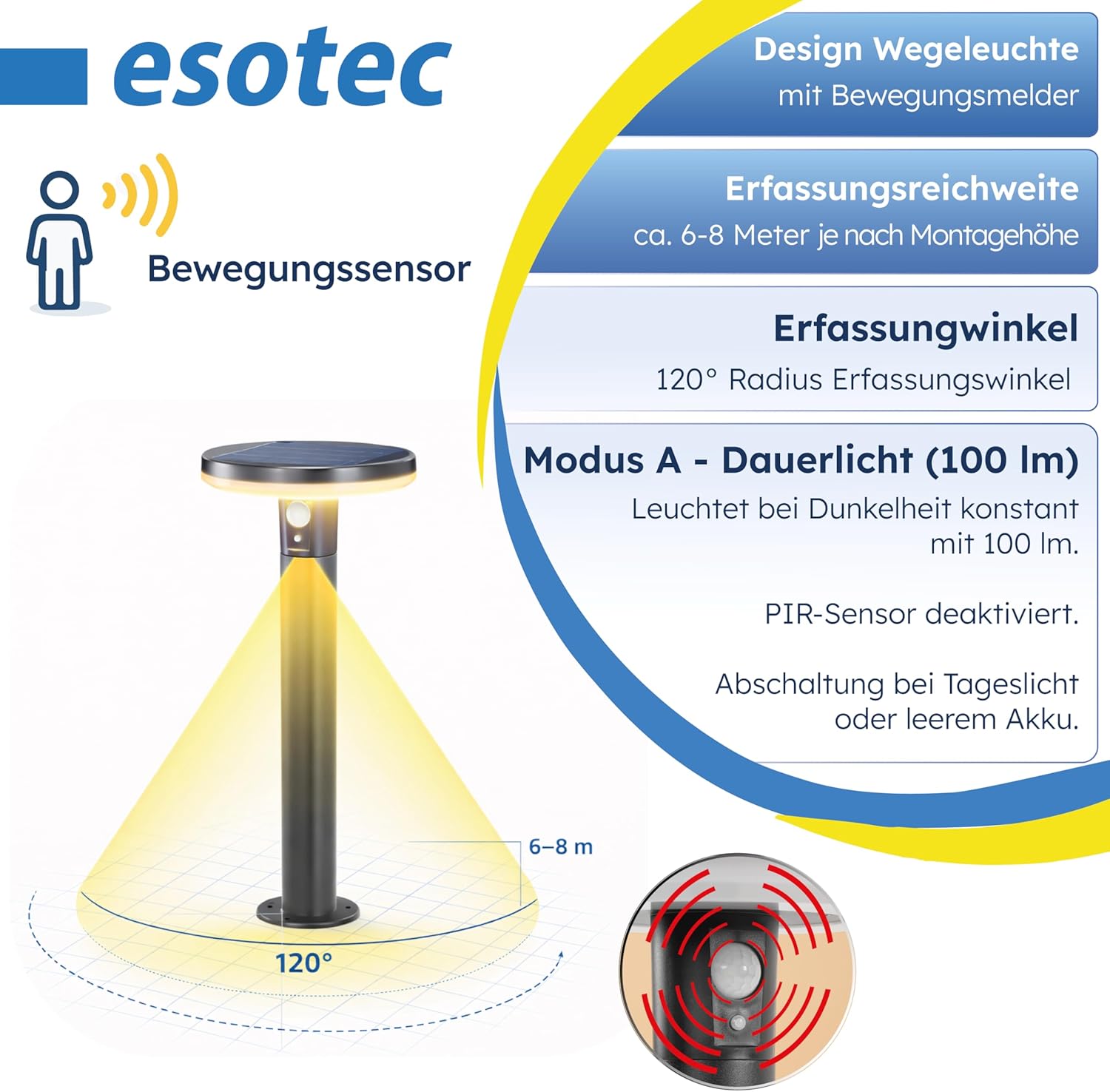 esotec Solarlampen für Außen Wegeleuchte Arezzo 50 cm, Solarleuchte mit Bewegungsmelder, 3 Leuchtmodi, 600 lm, Edelstahl Solar Gartenleuchte warmweiß IP44 102742 — Ansicht 3