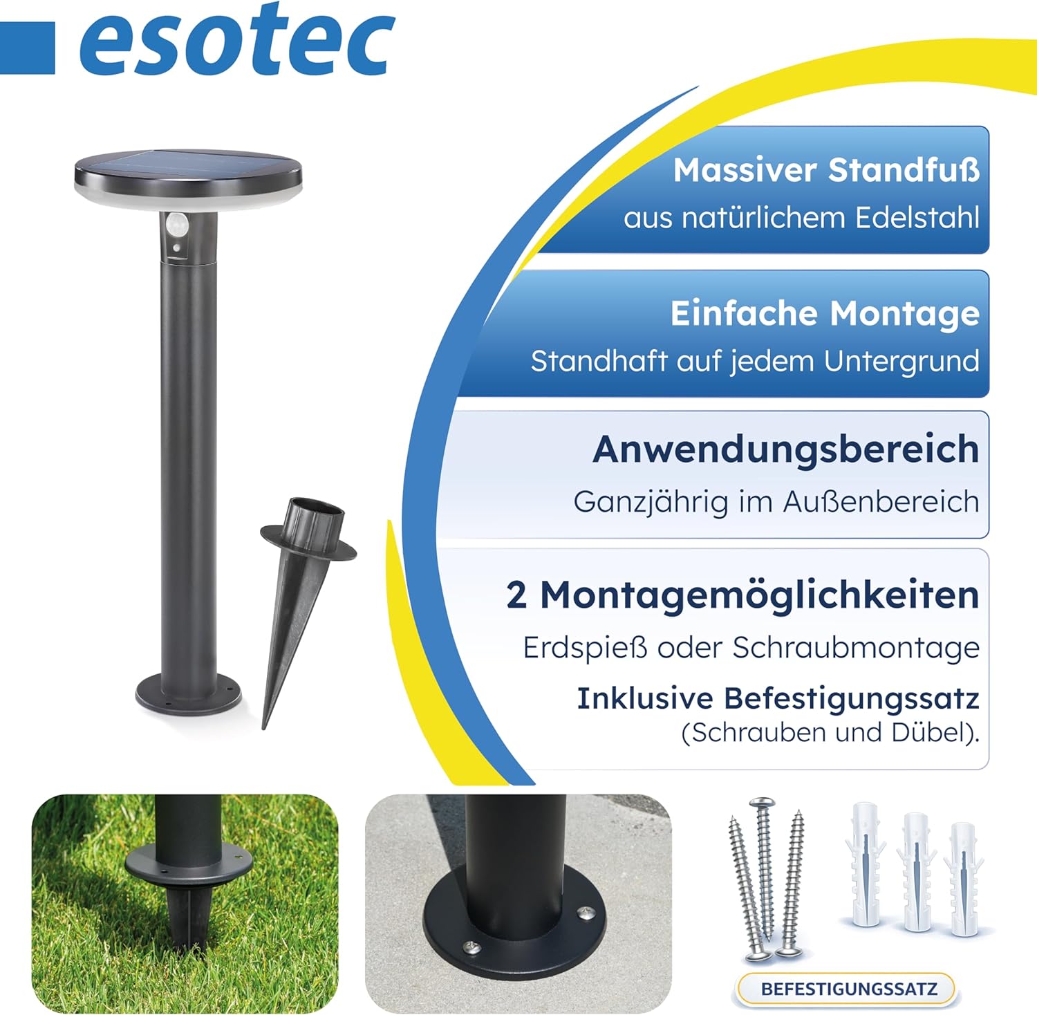 esotec Solarlampen für Außen Wegeleuchte Arezzo 50 cm, Solarleuchte mit Bewegungsmelder, 3 Leuchtmodi, 600 lm, Edelstahl Solar Gartenleuchte warmweiß IP44 102742 — Ansicht 5